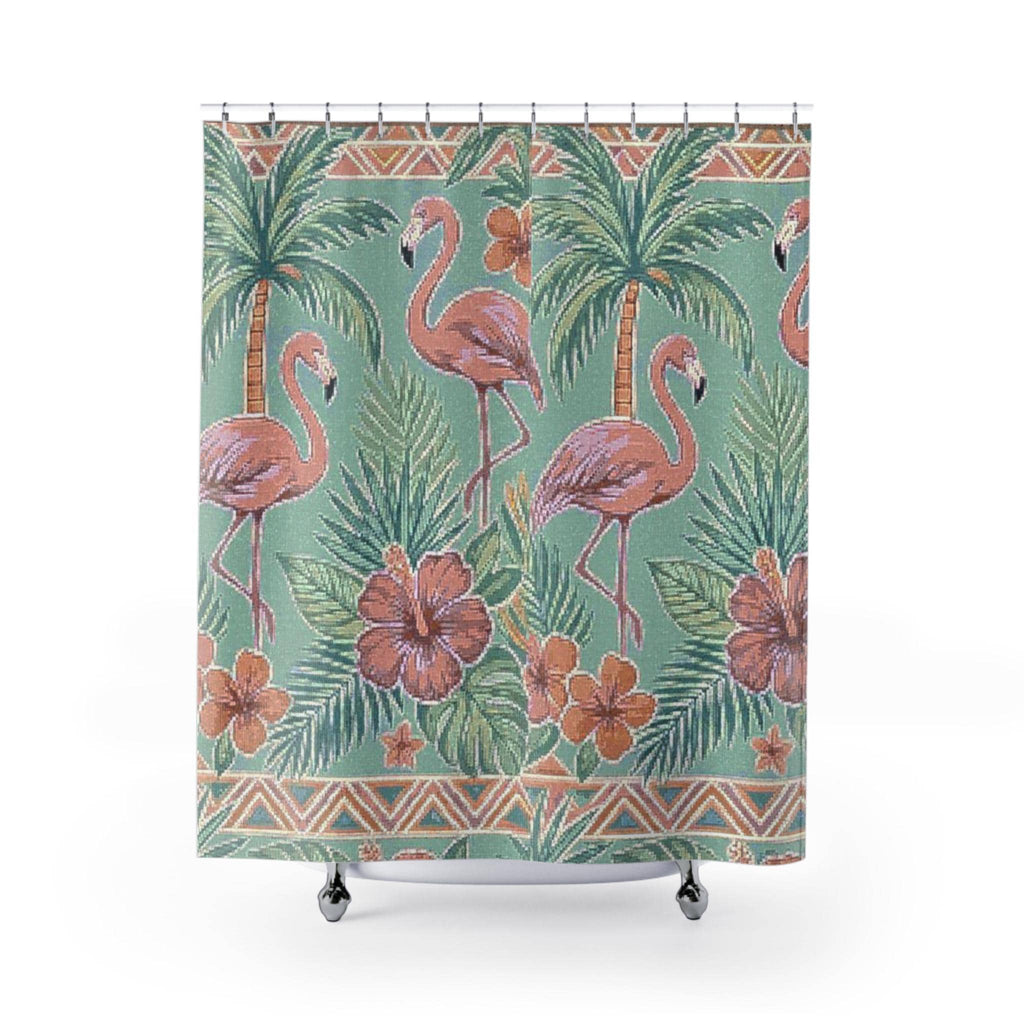 Tropical Flamingo Pattern Shower Curtain | Palm Trees, Hibiscus