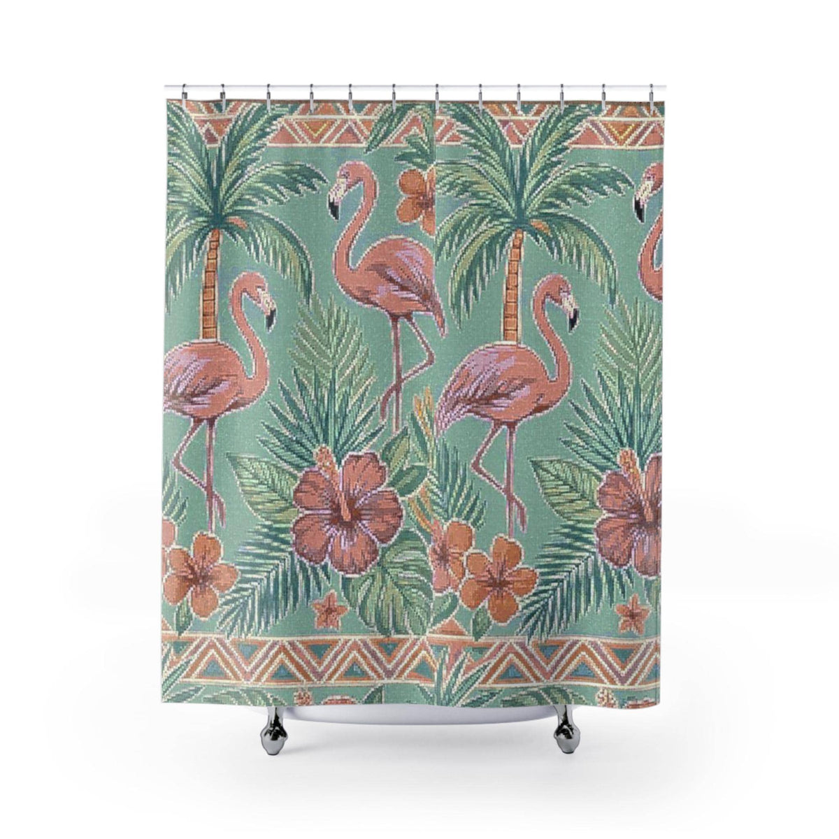 Tropical Flamingo Pattern Shower Curtain | Palm Trees, Hibiscus