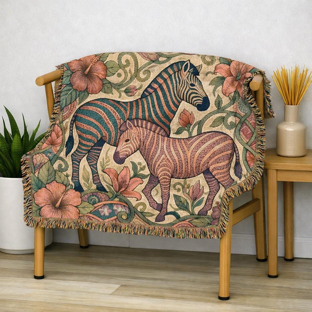 Zebra Floral Tapestry Woven Blanket | Horse Striped Animal Throw