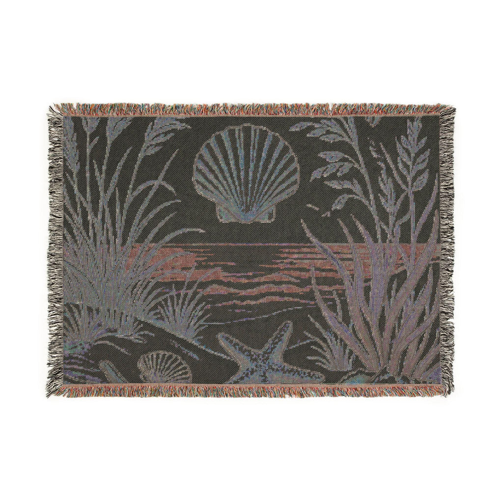 Seashell Beach Scene Woven Blanket | Coastal Ocean Tapestry Throw