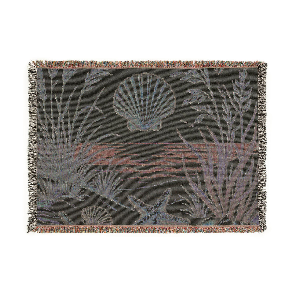 Seashell Beach Scene Woven Blanket | Coastal Ocean Tapestry Throw