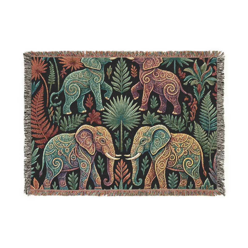 Bohemian Elephant Tapestry Woven Blanket | Jungle Floral Fringe Throw