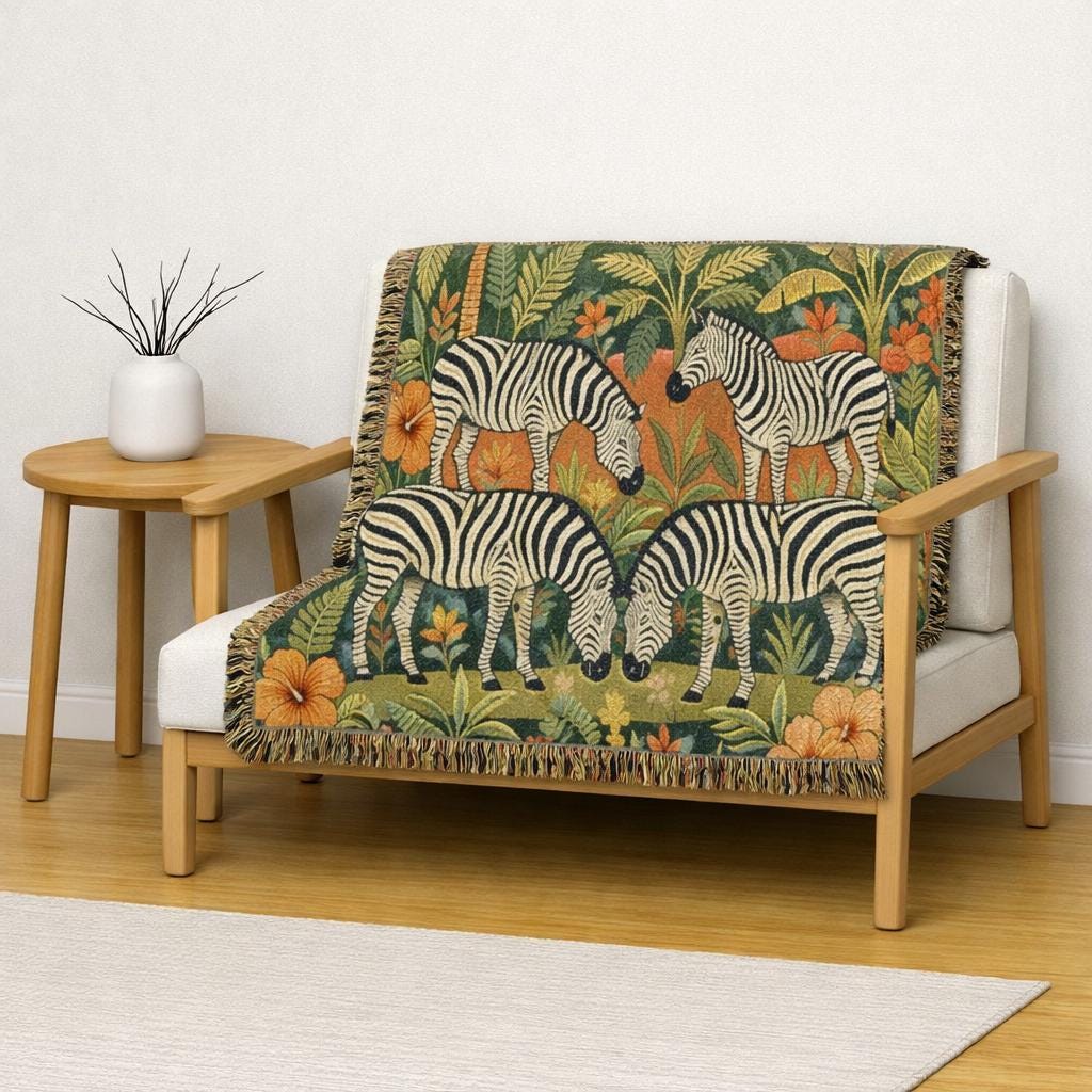 Zebra Safari Tapestry Woven Blanket | Animal Jungle Throw, Boho Home Décor