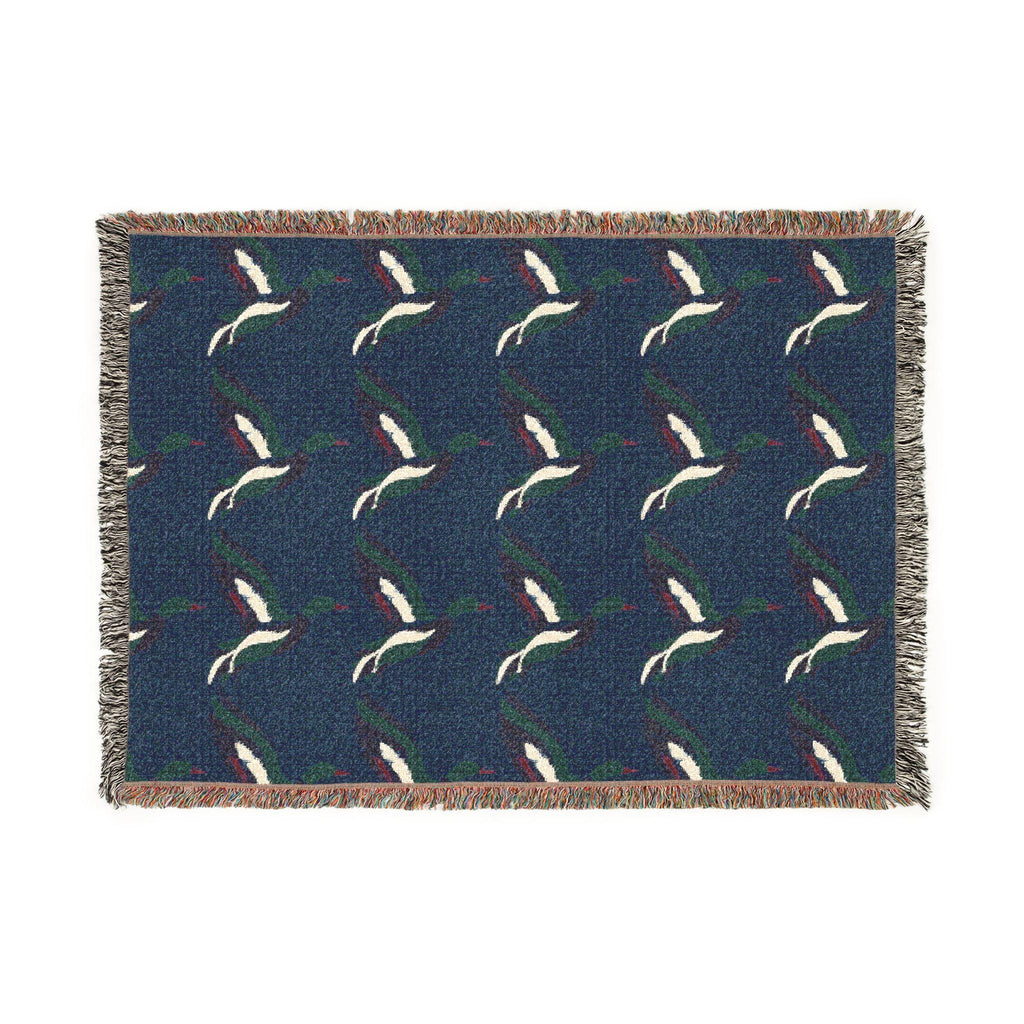 Mallard Duck Pattern Woven Blanket | Bird Motif Throw, Navy or Gray
