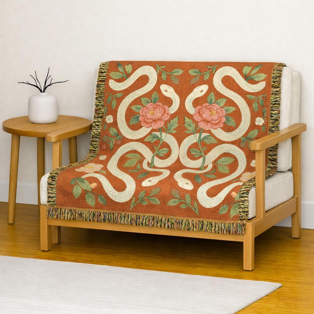 Floral Snake Tapestry Woven Blanket | Boho Retro Serpent Throw