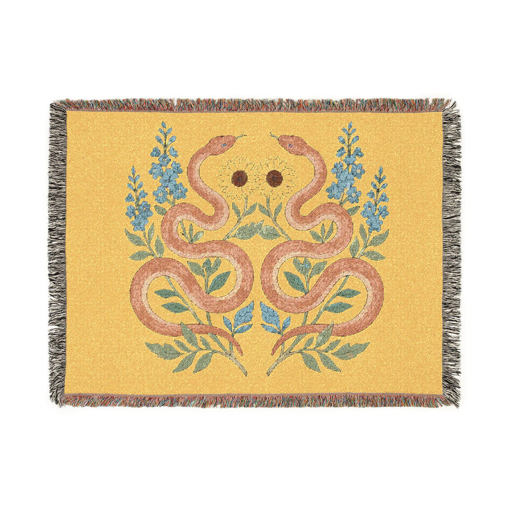 Twin Snakes Floral Woven Blanket | Boho Serpent Tapestry Throw