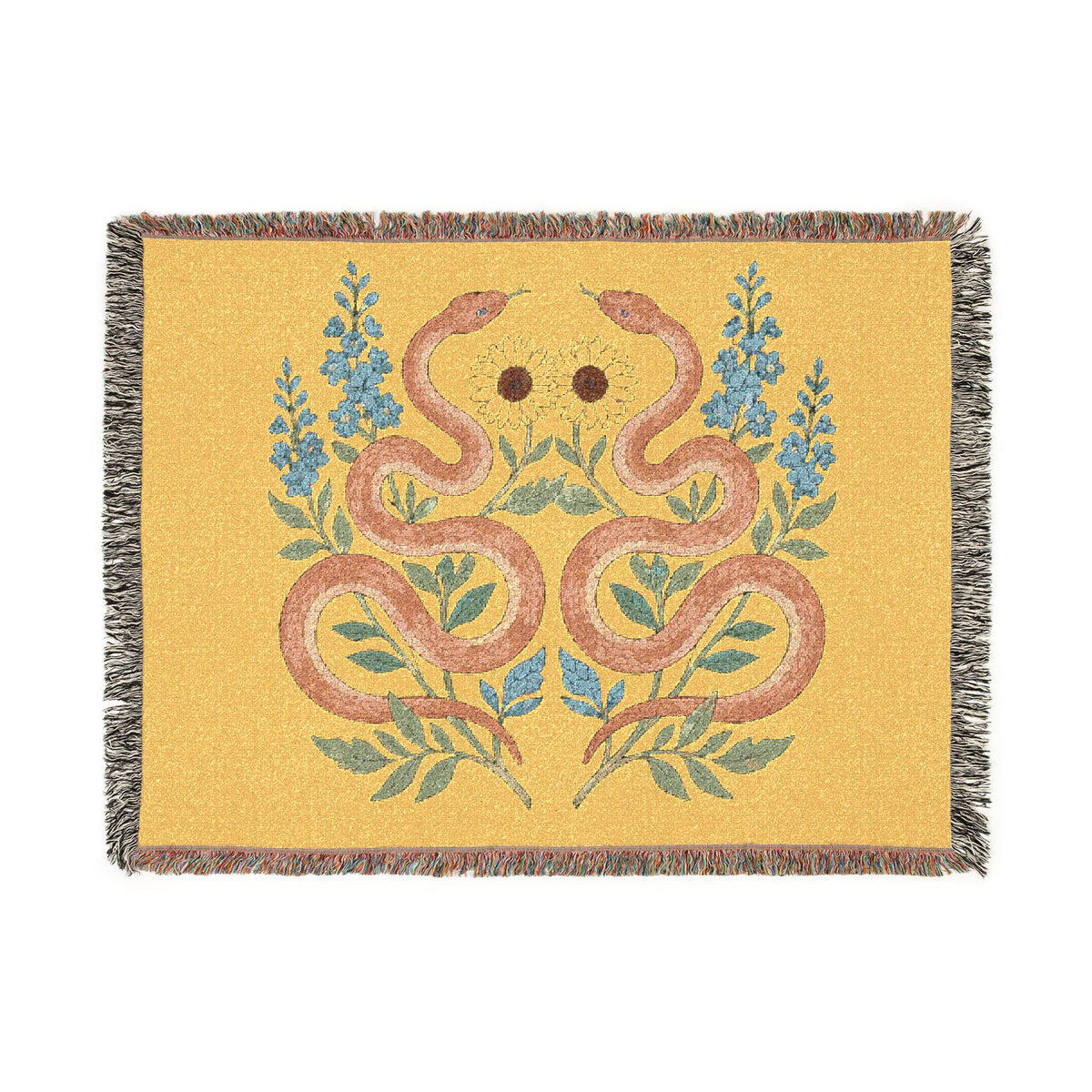 Twin Snakes Floral Woven Blanket | Boho Serpent Tapestry Throw