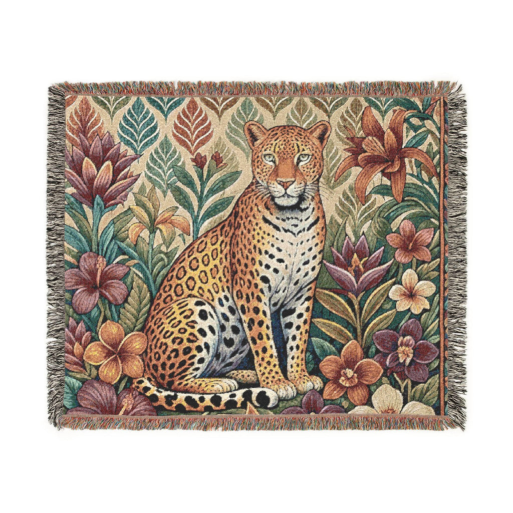 Floral Leopard Woven Blanket | Tapestry Throw, Botanical Animal Design