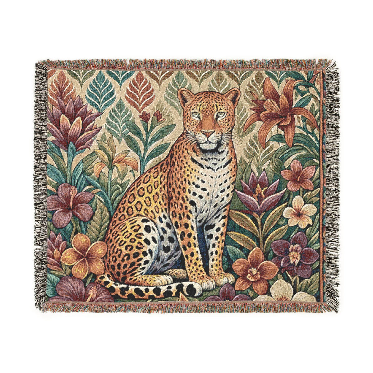 Floral Leopard Woven Blanket | Tapestry Throw, Botanical Animal Design