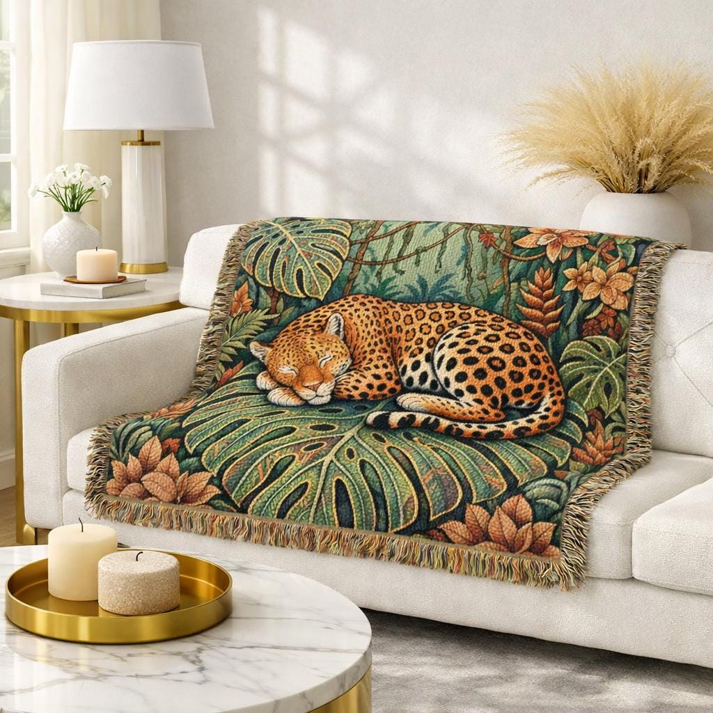 Sleeping Leopard Woven Blanket | Jungle Tapestry Throw, Boho Animal Decor