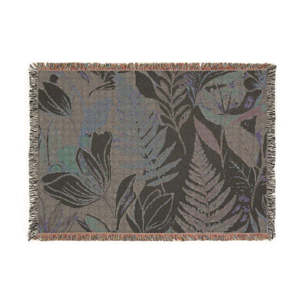Modern Floral Fern Woven Blanket, Botanical Cotton Throw, Fringed Edges