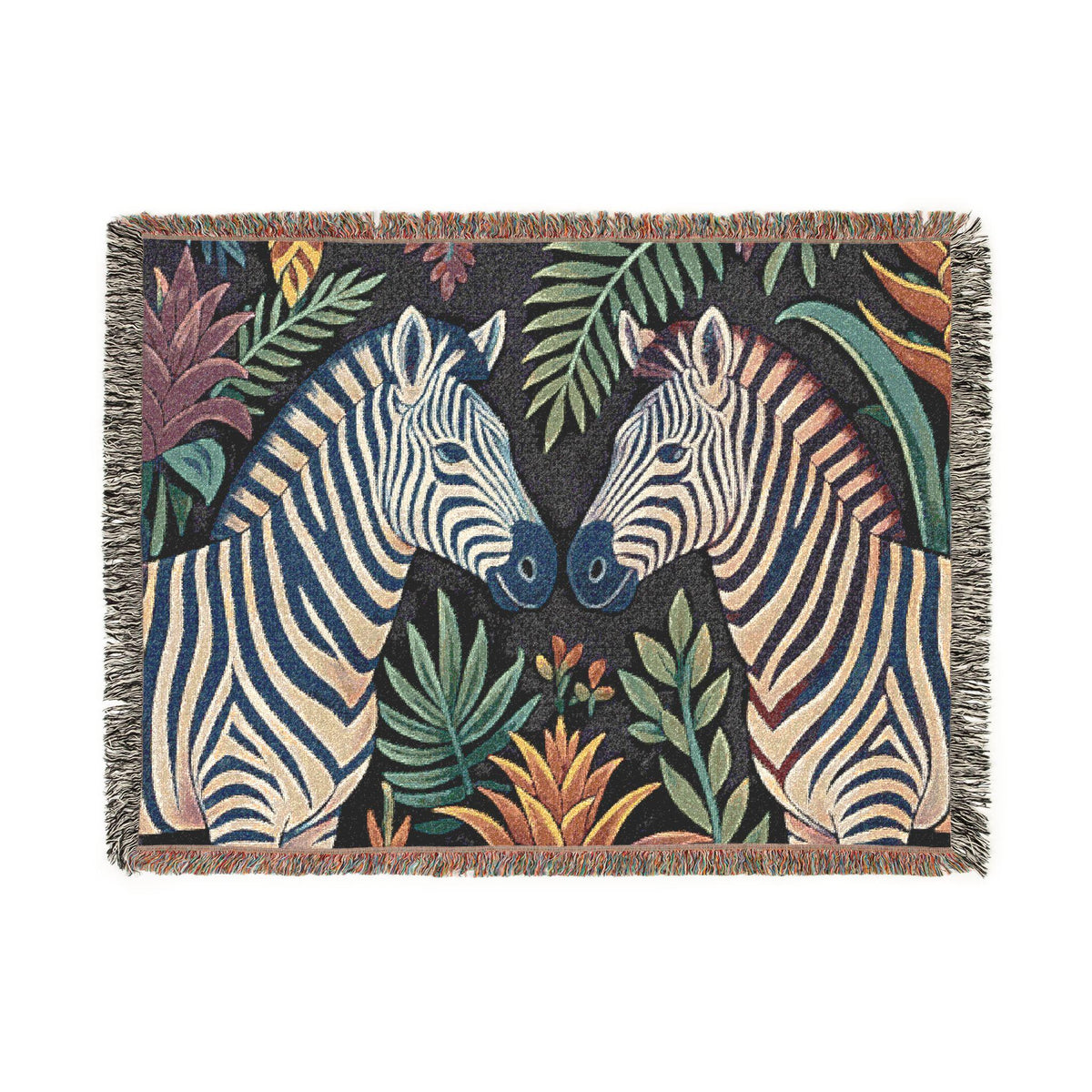 Zebra Floral Illustration Woven Blanket | Tropical Safari Tapestry Throw