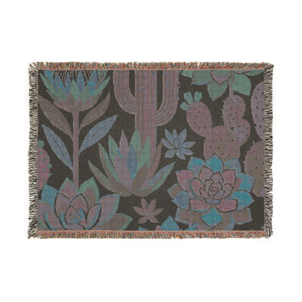 Southwestern Cactus Succulent Woven Blanket, Desert Botanical Throw, 100% Cotton Fabric