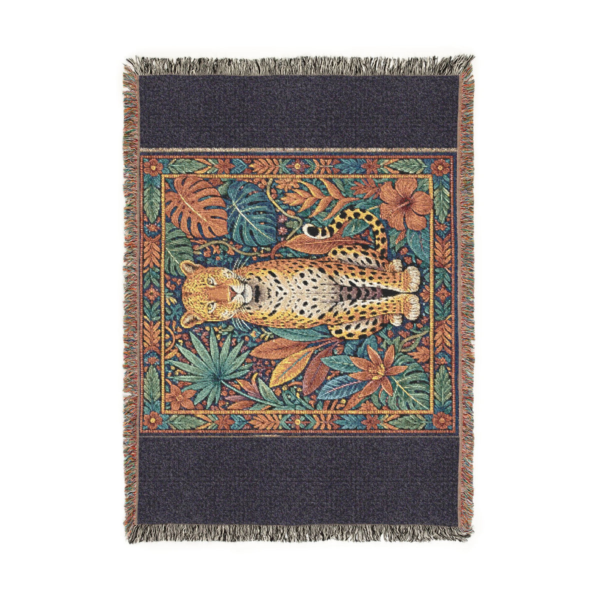 Vintage Mosaic Cheetah Woven Blanket | Jungle Leaves Tapestry Throw