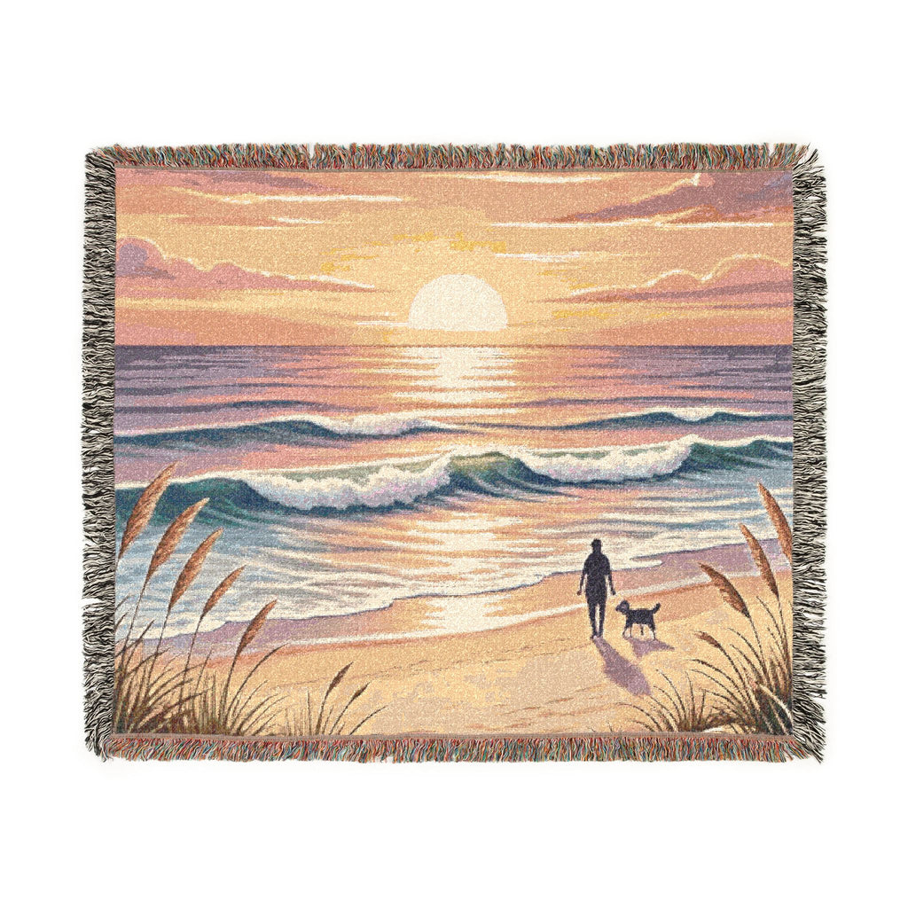 Sunset Beach Walk Woven Blanket | Coastal Ocean Scene Throw