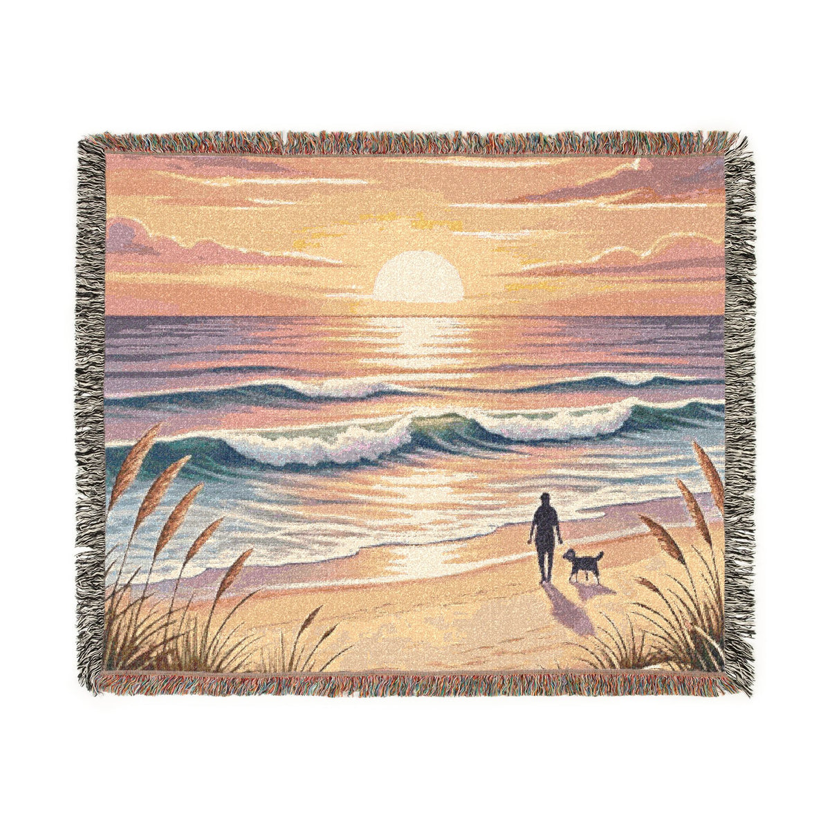 Sunset Beach Walk Woven Blanket | Coastal Ocean Scene Throw