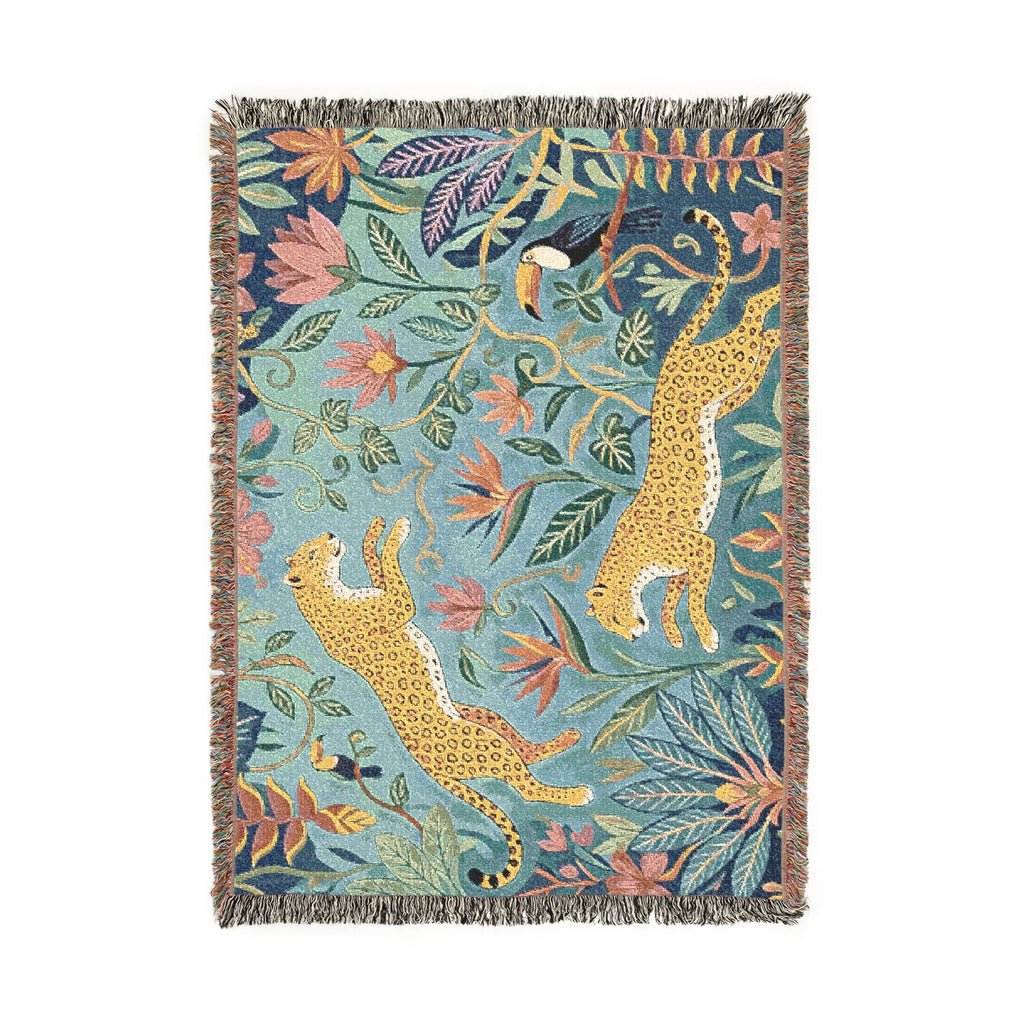 Leopard Jungle Tapestry Woven Blanket | Botanical Animal Throw