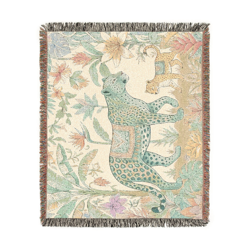 Leopard & Cub Floral Tapestry Woven Blanket | Boho Jungle Animal Throw