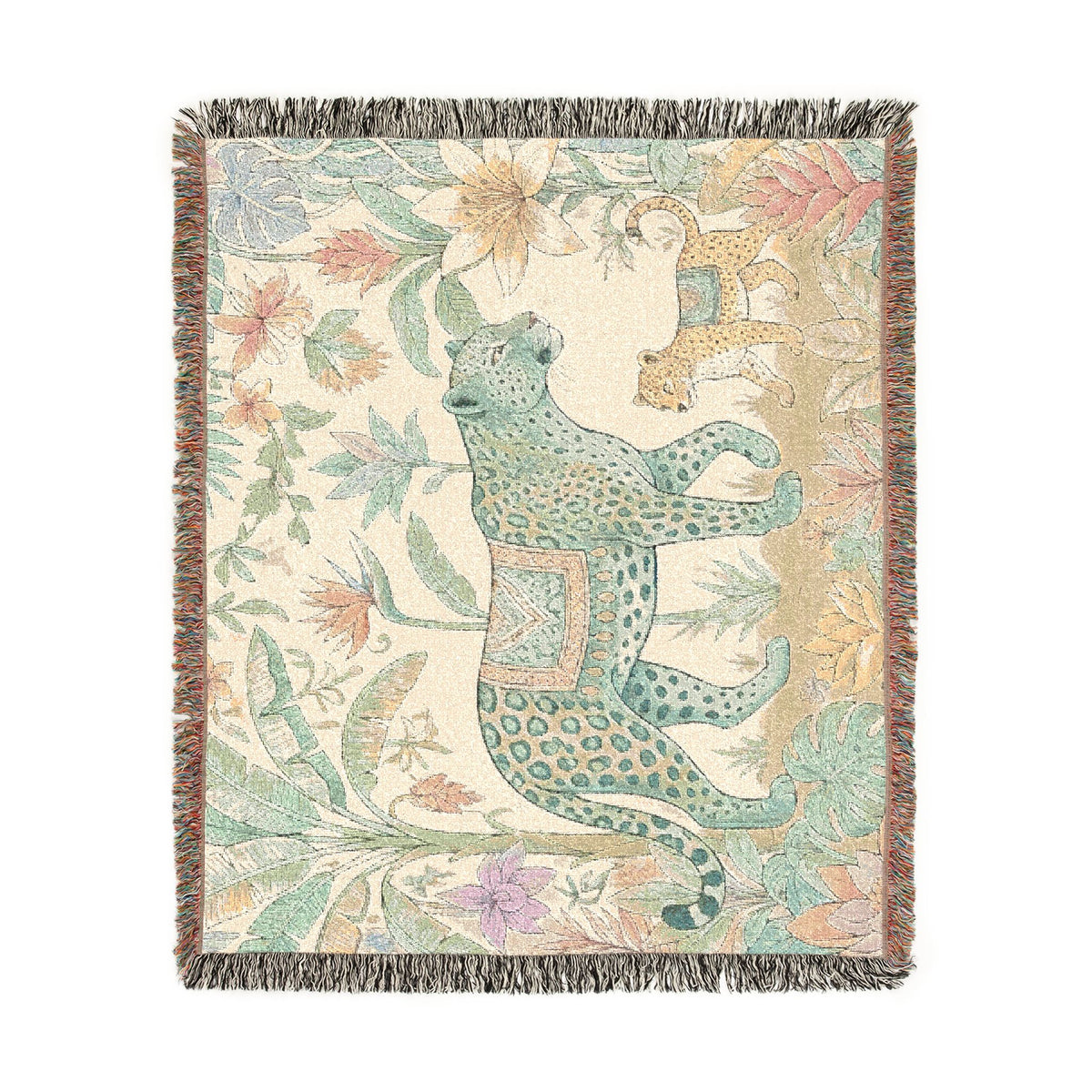 Leopard & Cub Floral Tapestry Woven Blanket | Boho Jungle Animal Throw