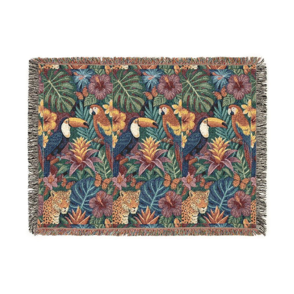 Tropical Toucan Floral Woven Blanket | Jungle Leaves Tapestry Throw