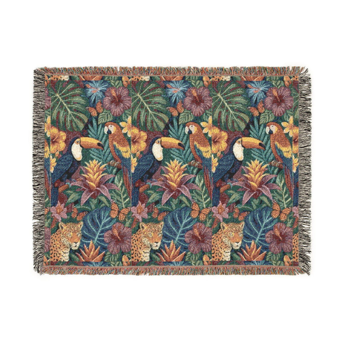 Tropical Toucan Floral Woven Blanket | Jungle Leaves Tapestry Throw