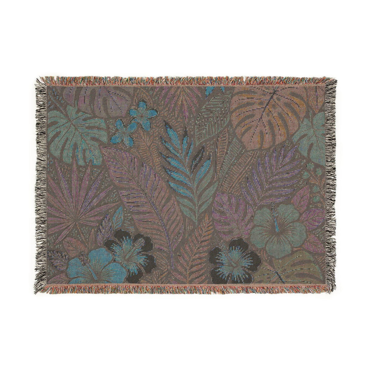 Tropical Floral Woven Blanket | Botanical Leaves Hibiscus Throw