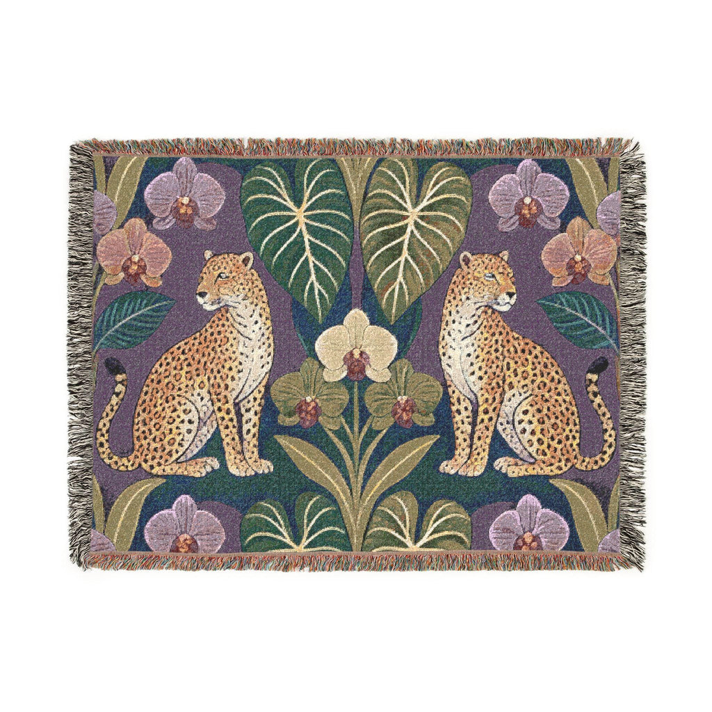 Leopard Botanical Woven Blanket | Tropical Leaves, Orchid Motif