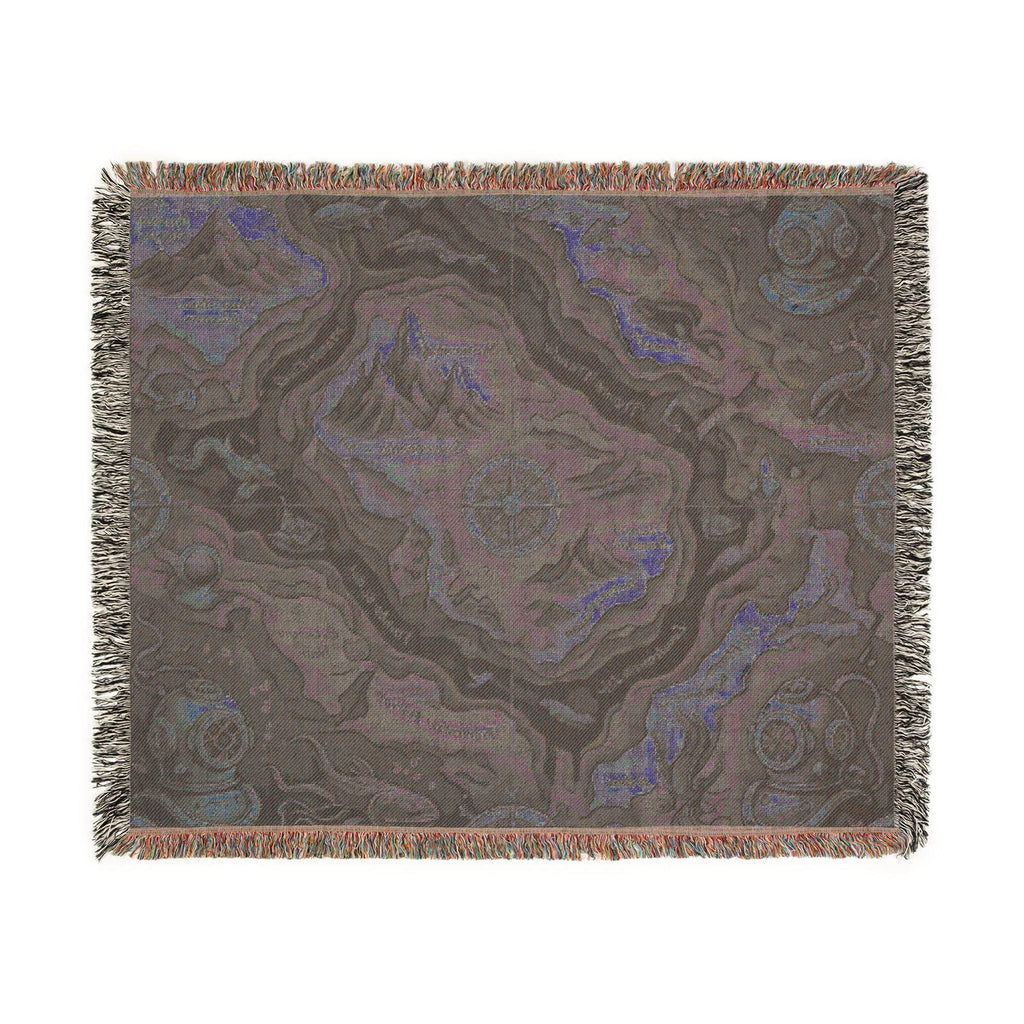 Fantasy Map Woven Blanket | Nautical Compass, Island Landscape Tapestry Throw Deep Sea