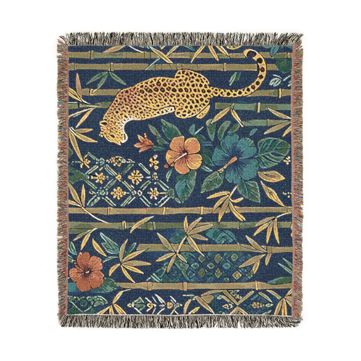 Golden Leopard Floral Woven Blanket | Tropical Bamboo Throw
