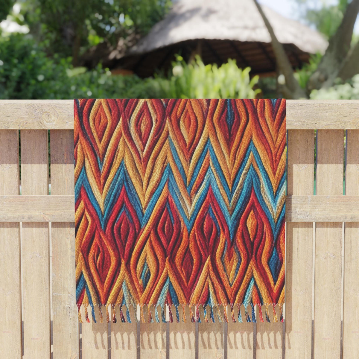 Woven Beach Towel | Ikat Pattern, Tassel Fringe, Polyester, Quick Dry