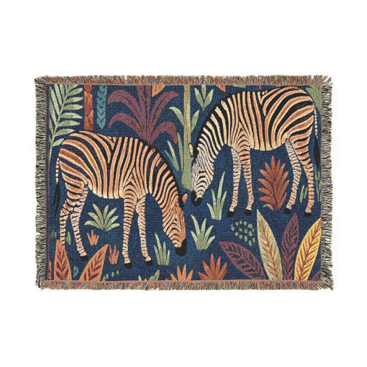 Striped Zebra Jungle Woven Blanket | Animal Print Throw, Botanical Motif
