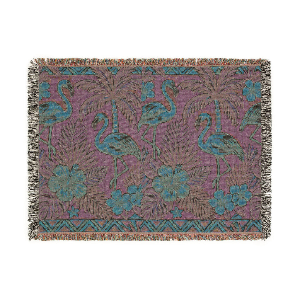 Tropical Flamingo Pattern Blanket | Woven Throw with Palm & Hibiscus