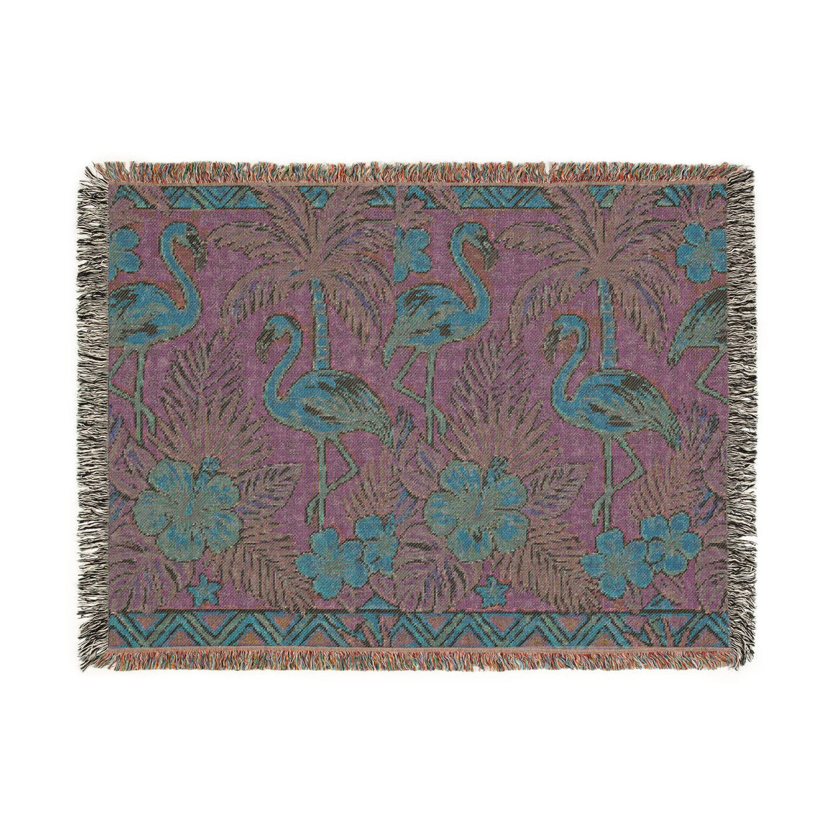 Tropical Flamingo Pattern Blanket | Woven Throw with Palm & Hibiscus