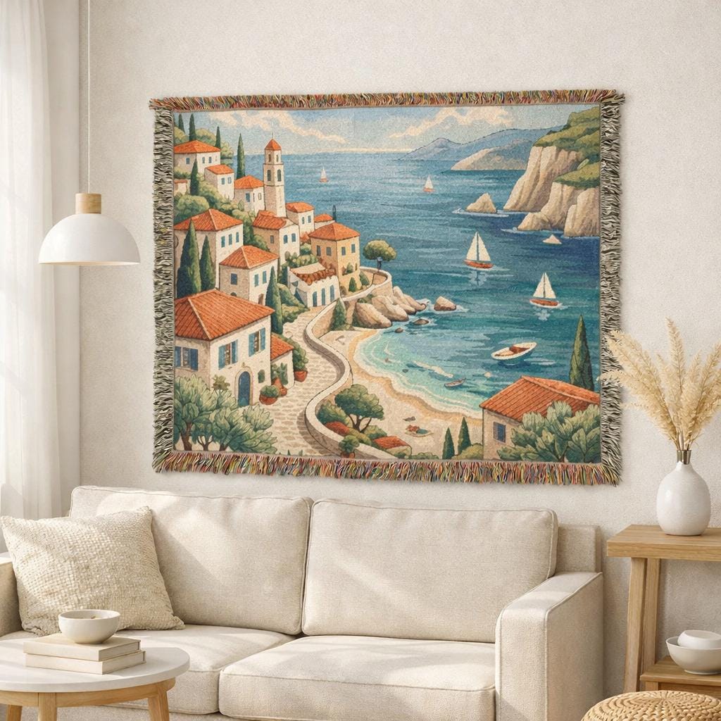Mediterranean Coastal Village Woven Blanket | Seaside Tapestry Throw