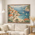 Mediterranean Coastal Village Woven Blanket | Seaside Tapestry Throw