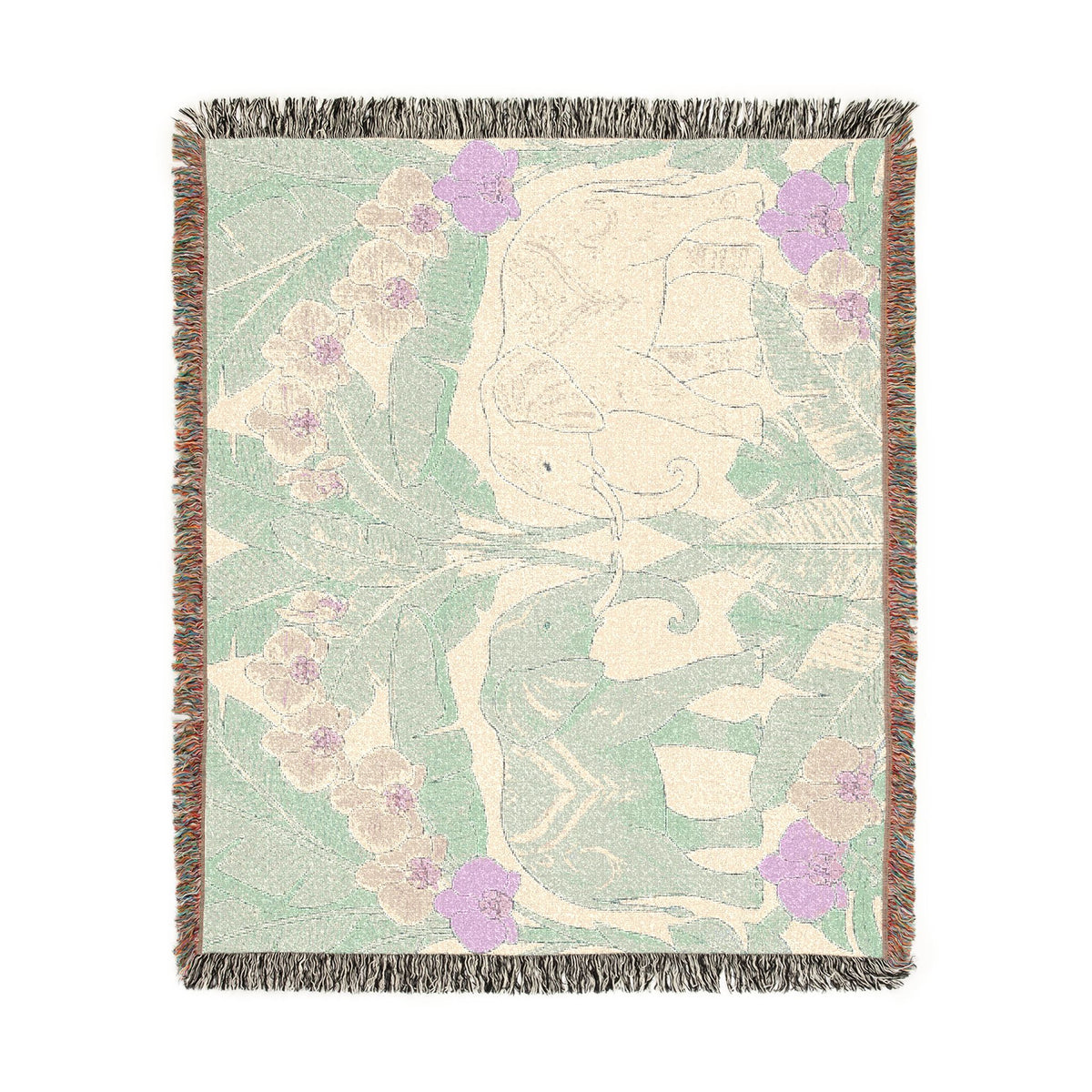 Art Nouveau Elephant Pattern Woven Blanket | Floral Tapestry Throw