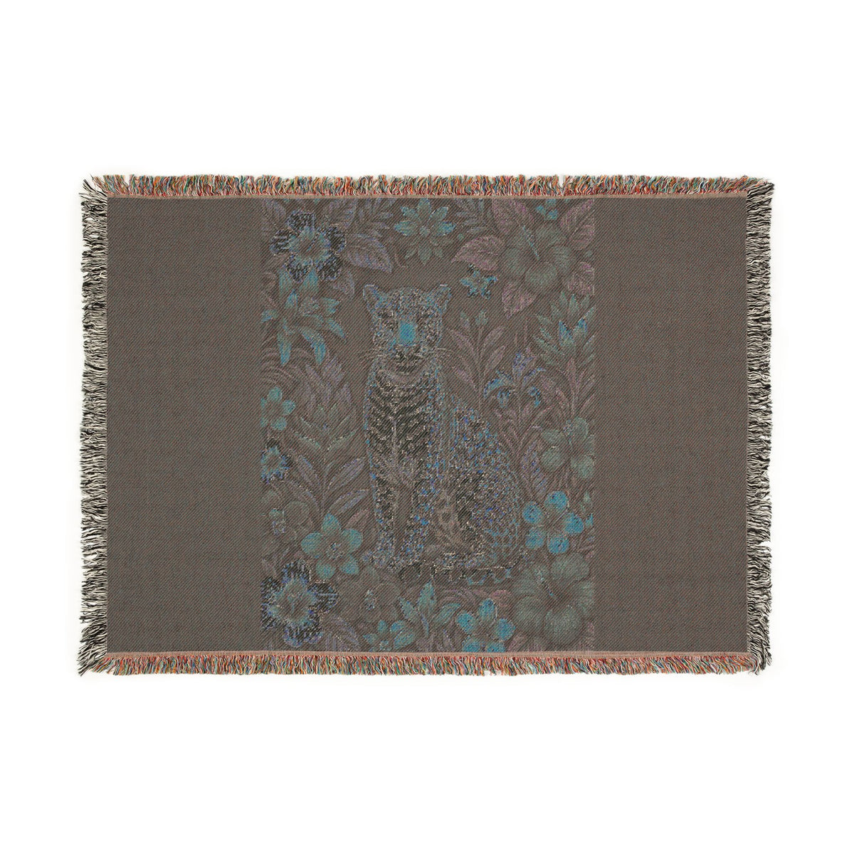 Floral Leopard Tapestry Woven Blanket | Vintage Botanical Cat Motif