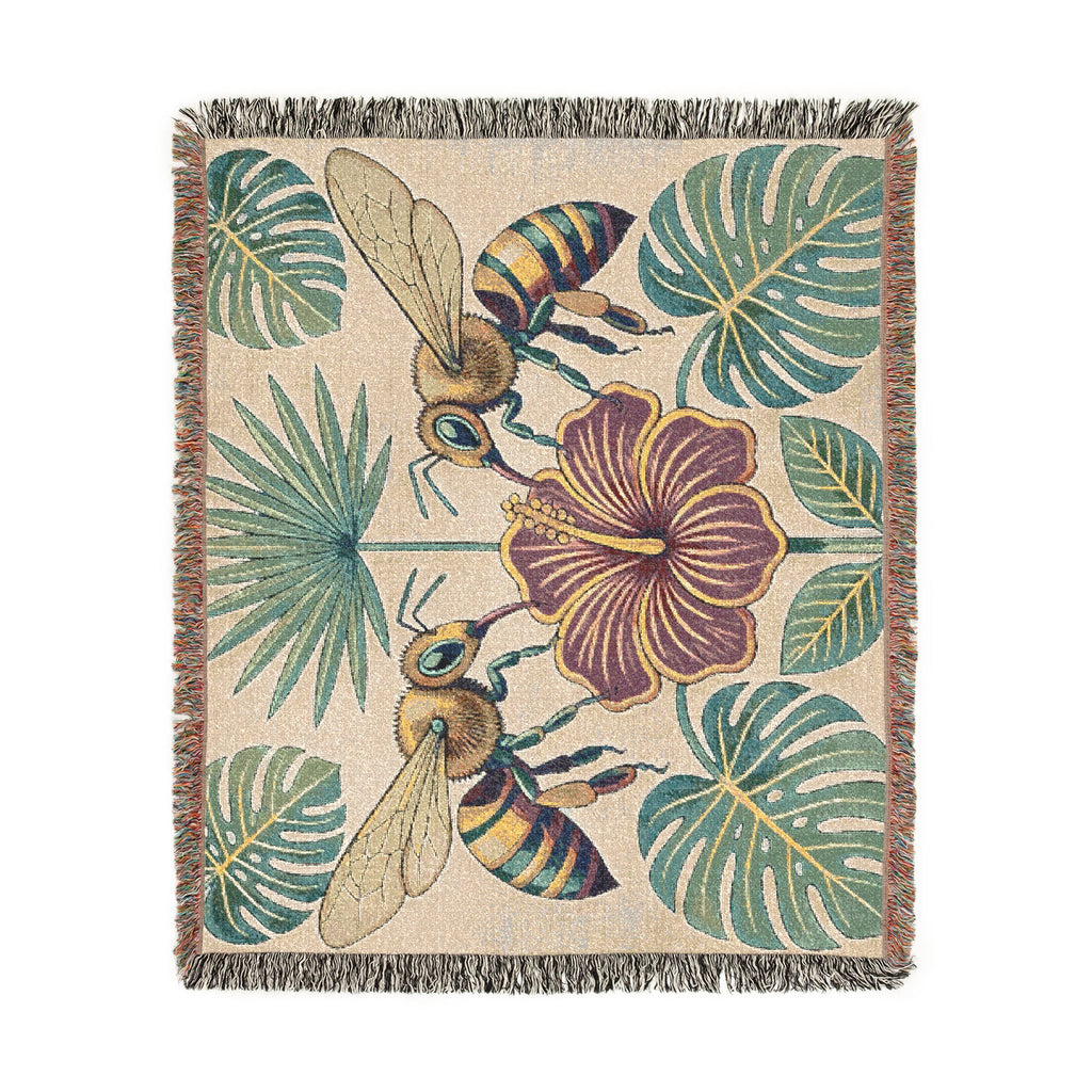 Hibiscus and Bees Woven Blanket | Tropical Floral Throw