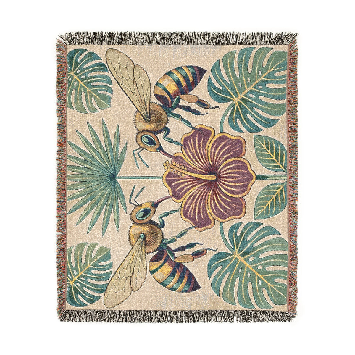 Hibiscus and Bees Woven Blanket | Tropical Floral Throw