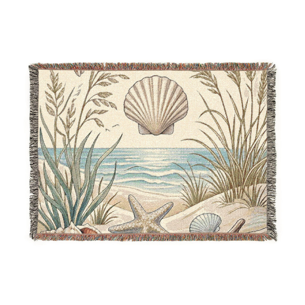 Seashell Beach Scene Woven Blanket | Coastal Ocean Tapestry Throw