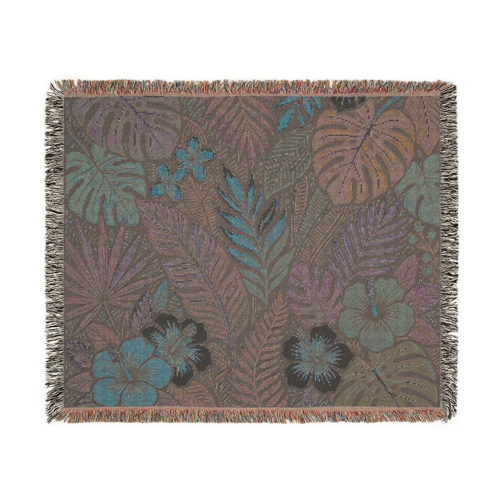 Tropical Floral Woven Blanket | Botanical Leaves Hibiscus Throw