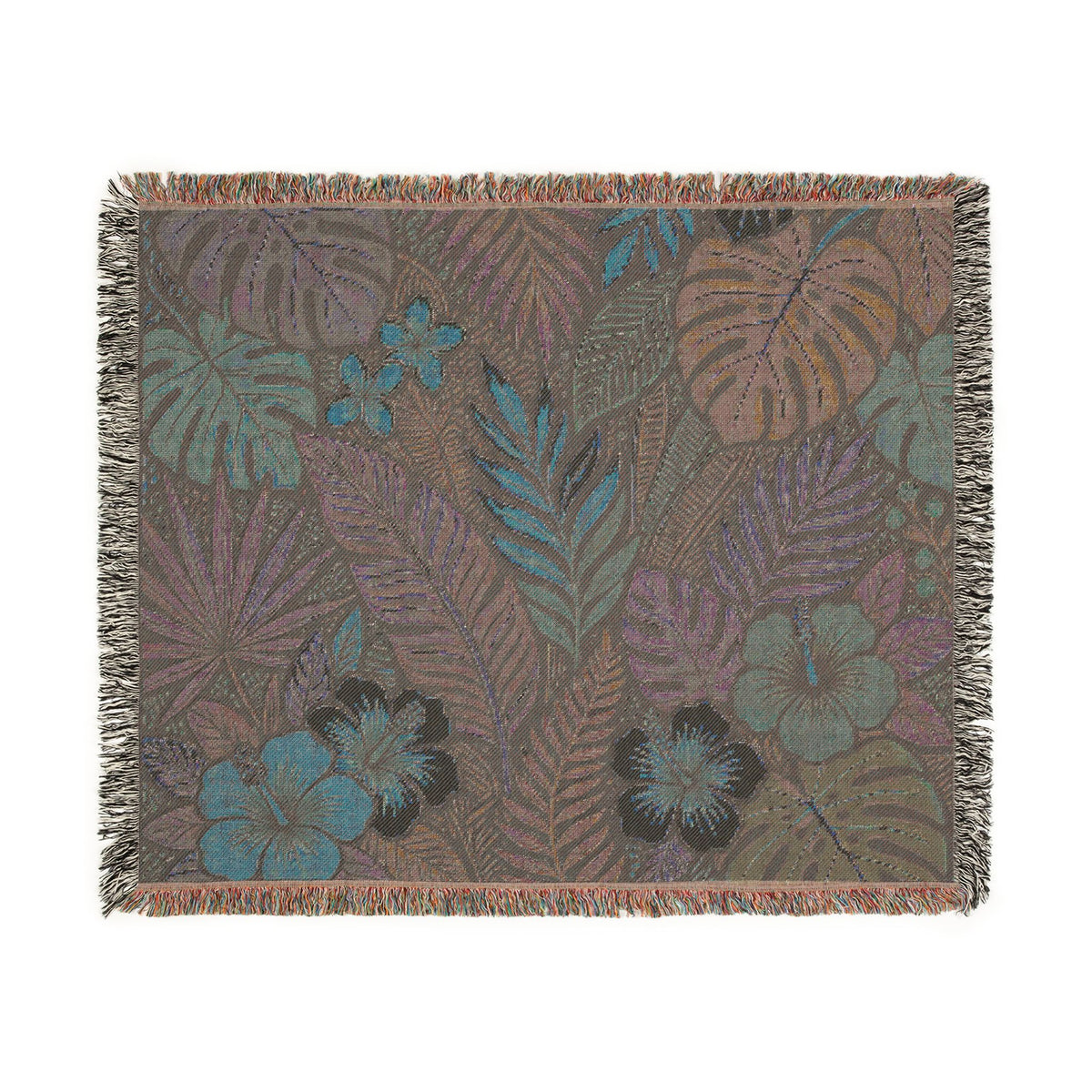 Tropical Floral Woven Blanket | Botanical Leaves Hibiscus Throw