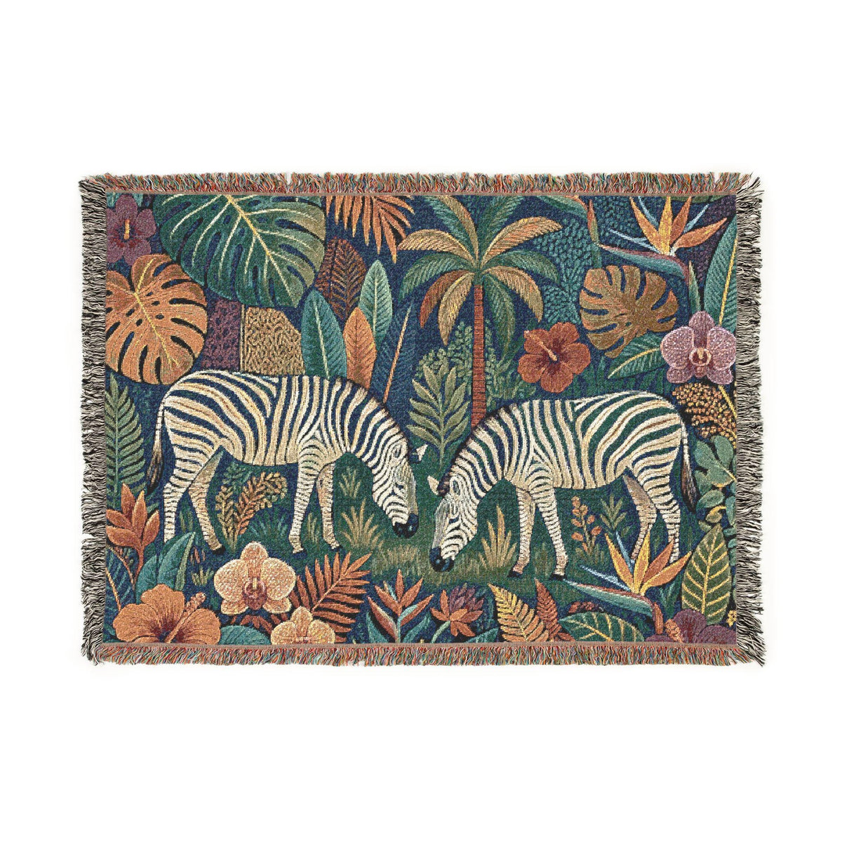 Tropical Zebra Jungle Woven Blanket | Botanical Palm Leaves, Floral Tapestry Throw