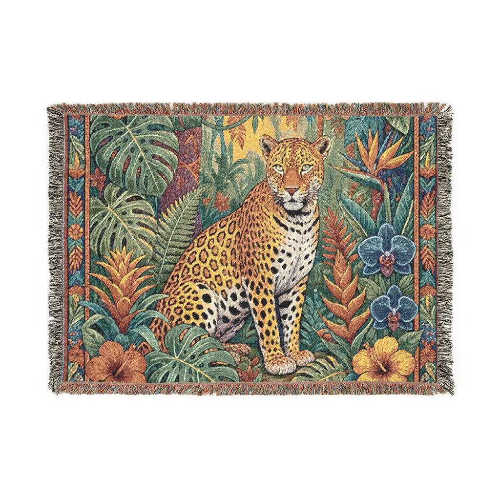 Jungle Leopard Woven Blanket | Tropical Animal Tapestry Throw