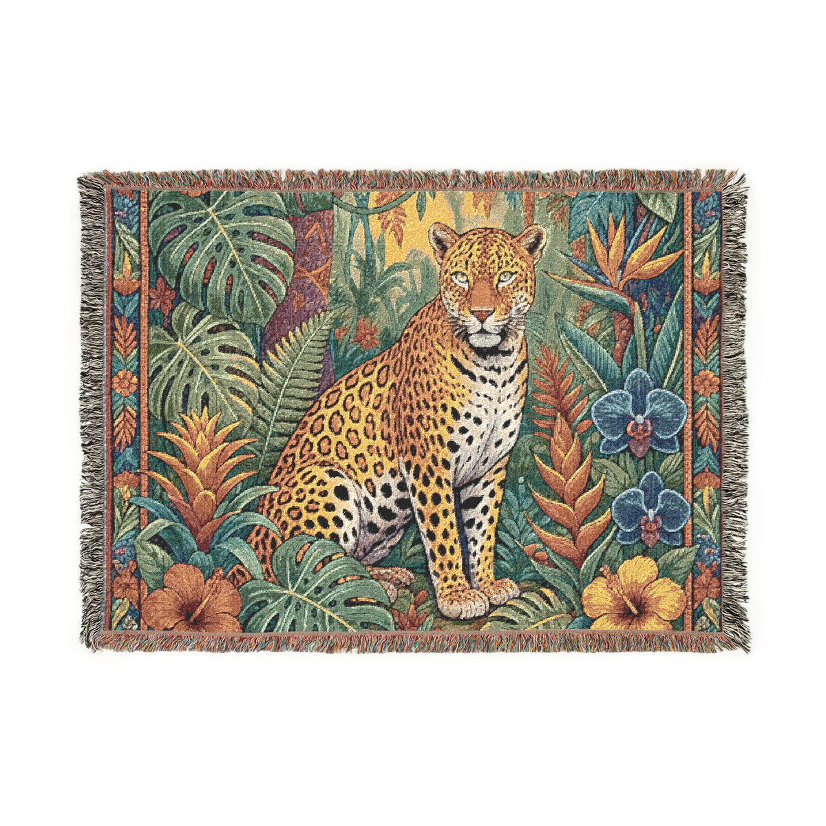 Jungle Leopard Woven Blanket | Tropical Animal Tapestry Throw