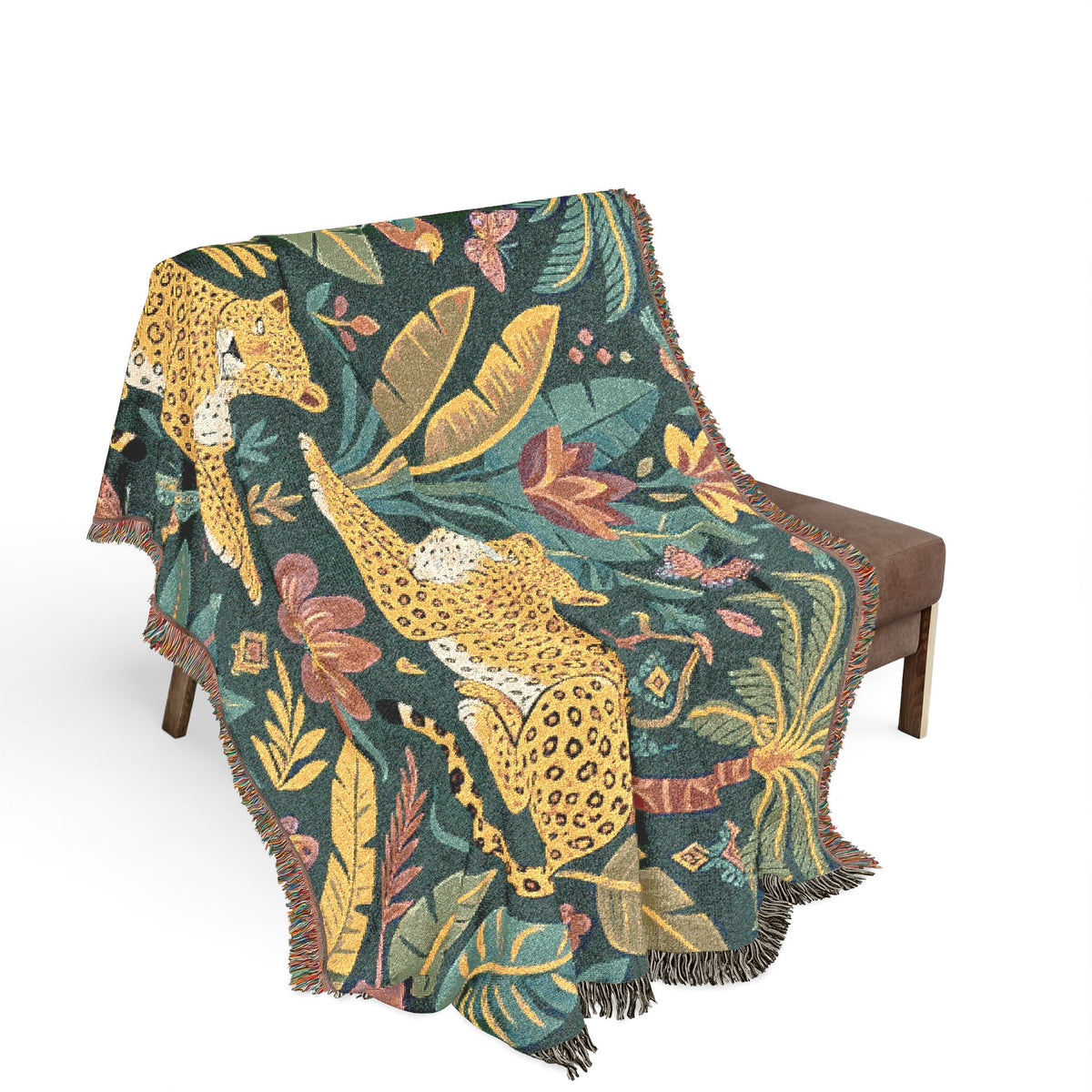 Tropical Leopard Tapestry woven blanket | jungle palm motif, floral tapestry throw
