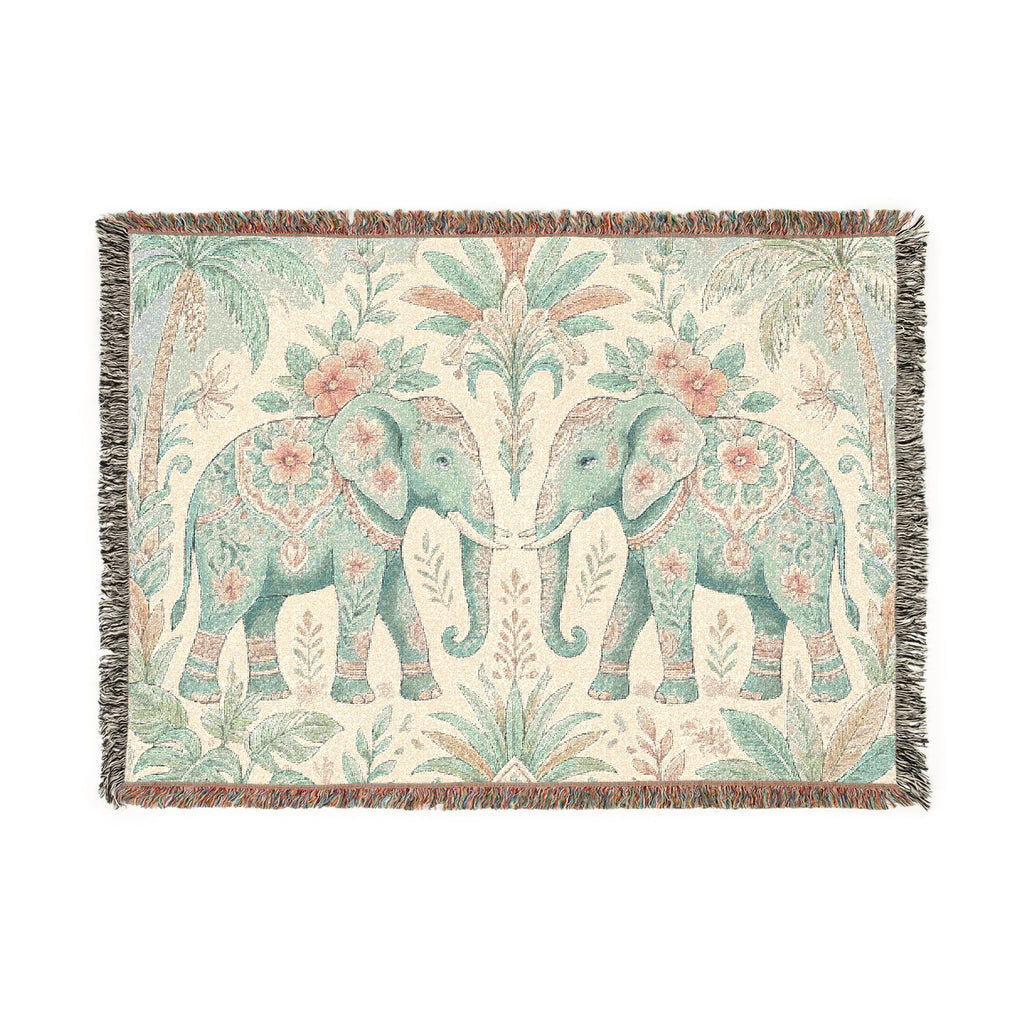 Boho Elephant Tapestry Woven Blanket | Palm Tree Floral Pattern