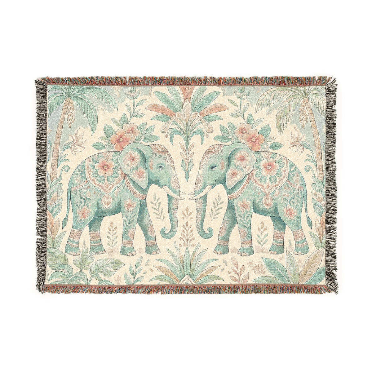 Boho Elephant Tapestry Woven Blanket | Palm Tree Floral Pattern