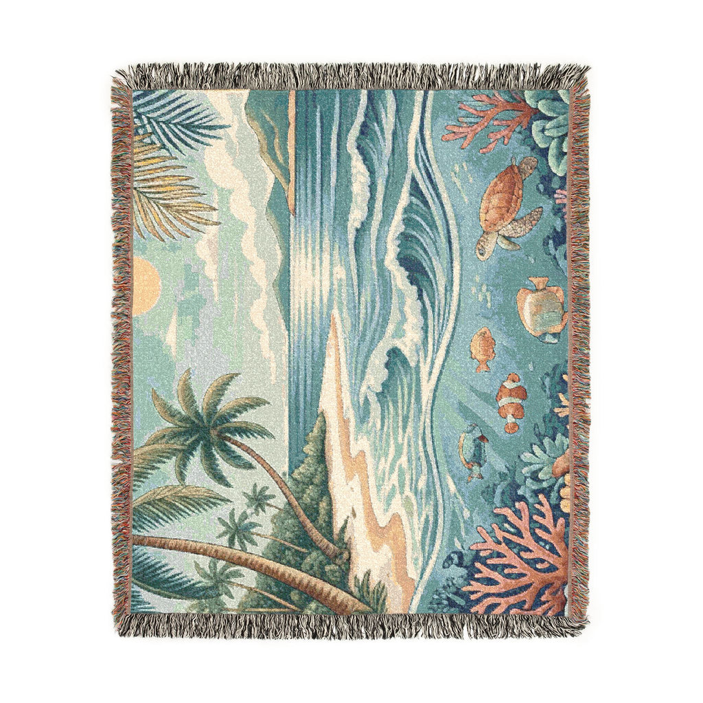 Tropical Beach Scene Woven Blanket | Ocean, Palm Trees, Coral Reef