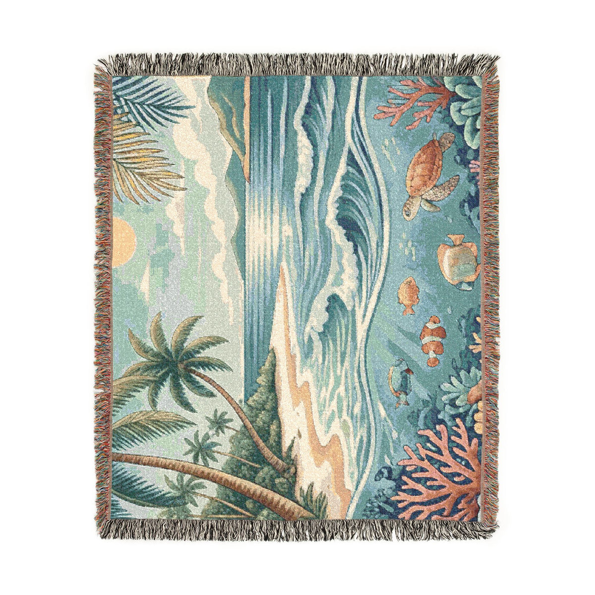 Tropical Beach Scene Woven Blanket | Ocean, Palm Trees, Coral Reef